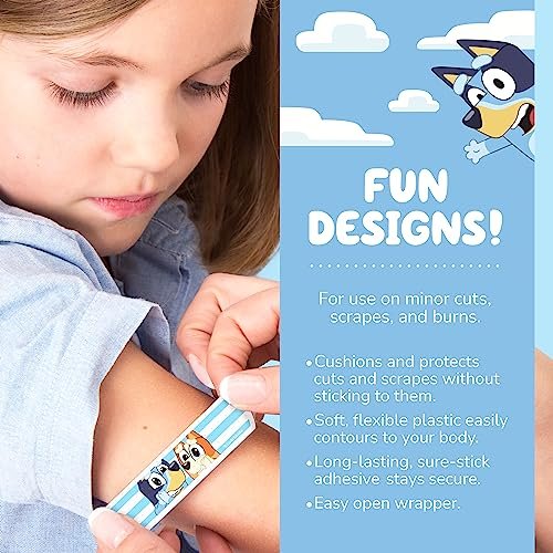 Bluey Kinderpflaster, 3 verschiedene Größen, 100 Stück | Haften wie Aufkleber, flexible Wundpflaster für kleine Schnitte, Schürfwunden und Verbrennungen
