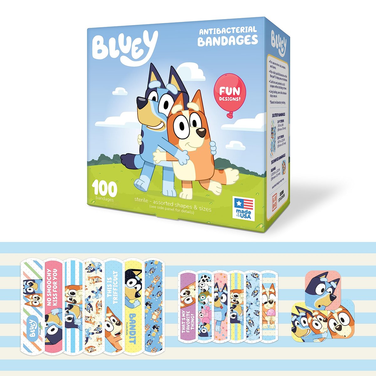Bluey Kinderpflaster, 3 verschiedene Größen, 100 Stück | Haften wie Aufkleber, flexible Wundpflaster für kleine Schnitte, Schürfwunden und Verbrennungen