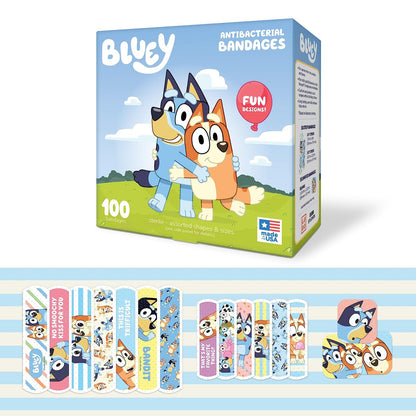 Bluey Kinderpflaster, 3 verschiedene Größen, 100 Stück | Haften wie Aufkleber, flexible Wundpflaster für kleine Schnitte, Schürfwunden und Verbrennungen