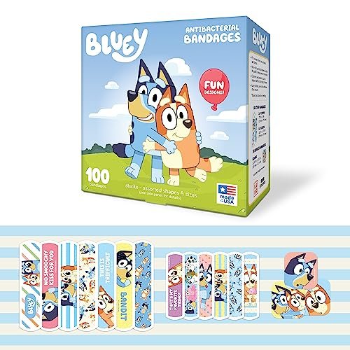 Bluey Kinderpflaster, 3 verschiedene Größen, 100 Stück | Haften wie Aufkleber, flexible Wundpflaster für kleine Schnitte, Schürfwunden und Verbrennungen