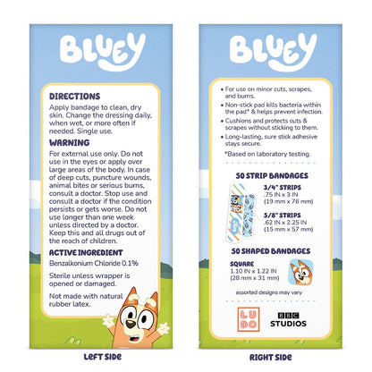 Bluey Kinderpflaster, 3 verschiedene Größen, 100 Stück | Haften wie Aufkleber, flexible Wundpflaster für kleine Schnitte, Schürfwunden und Verbrennungen