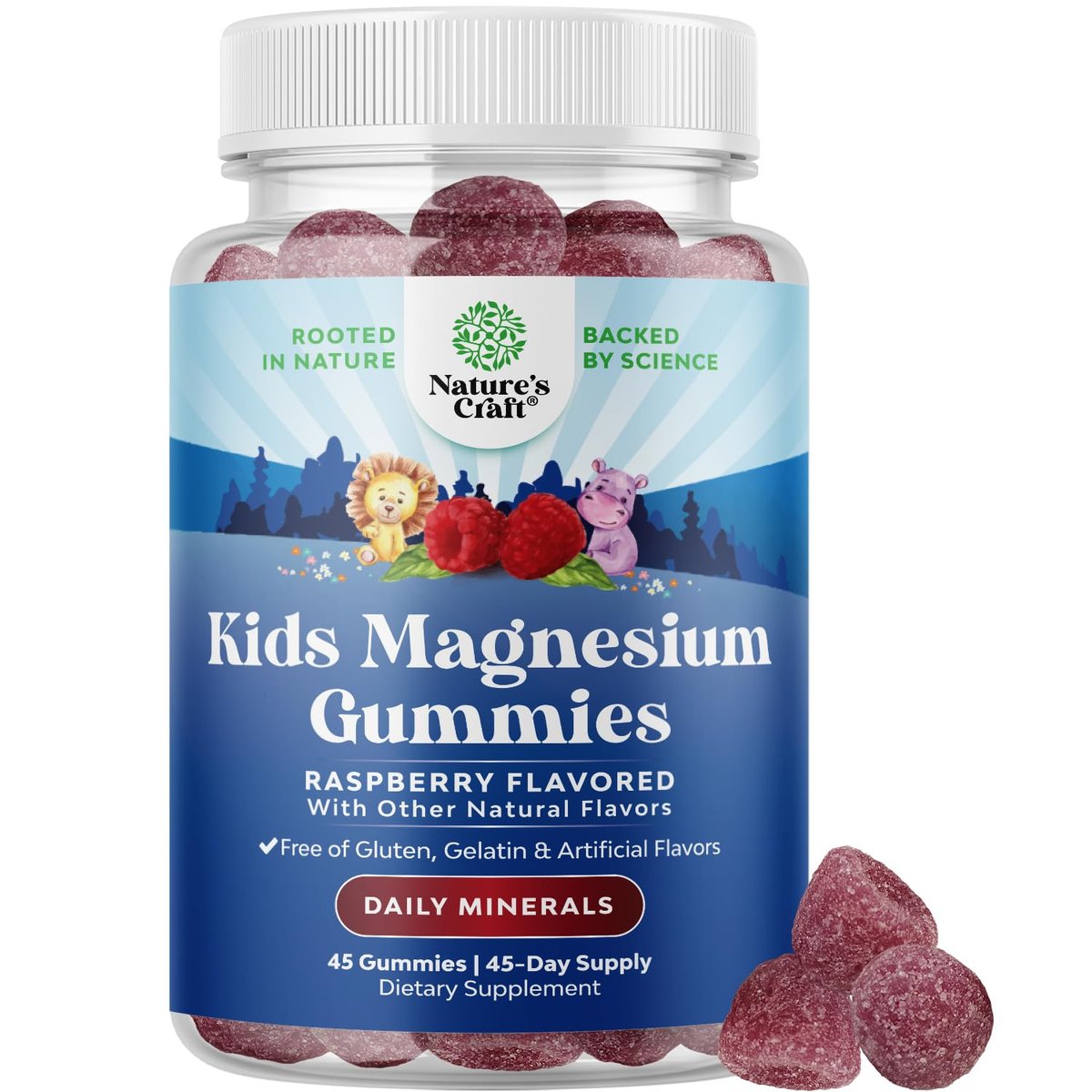Magnesium Gummibärchen für Kinder – Beruhigendes Mg-Citrat mit Himbeergeschmack – Nerven-, Muskel- und Herzunterstützung – 45 Stück
