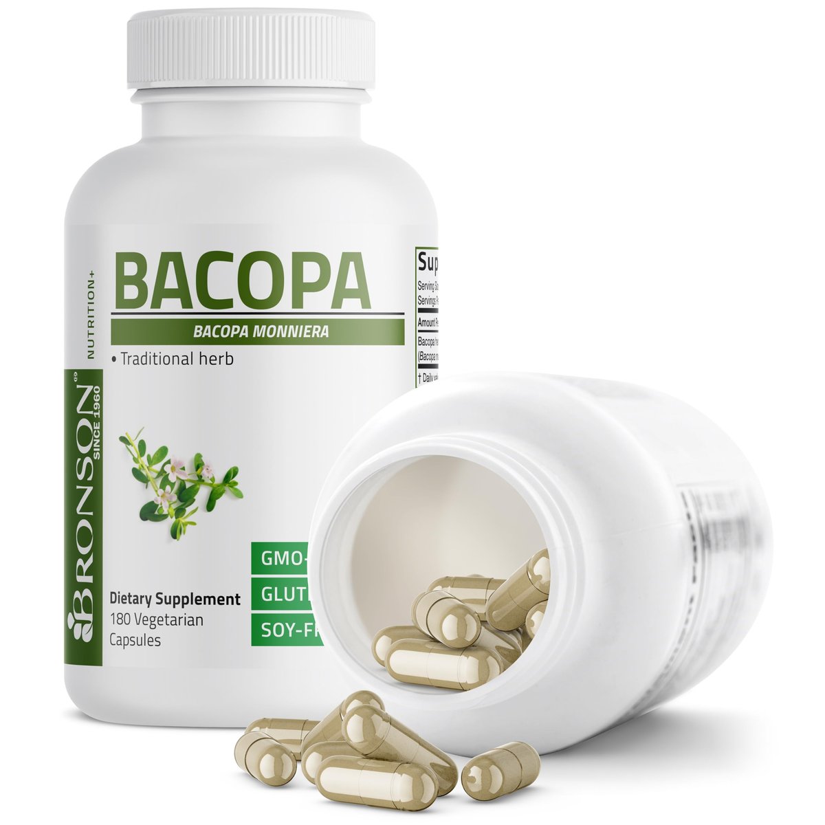 Bronson Bacopa – Unterstützt gesunde Gehirnfunktion und mentale Leistung, traditionelles Kraut, Non-GMO, 180 vegane Kapseln