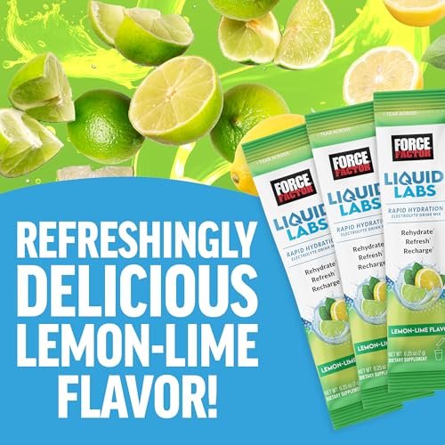 Force Factor Liquid Labs Elektrolyt-Pulver Beutel – Zitrone-Limette – Hydrationsbeutel für Elektrolytwasser mit 5 essentiellen Elektrolyten, Vitaminen, Mineralien und Antioxidantien, 20 Sticks