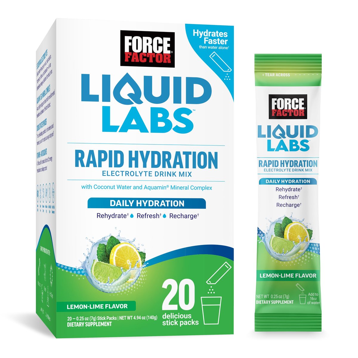 Force Factor Liquid Labs Elektrolyt-Pulver Beutel – Zitrone-Limette – Hydrationsbeutel für Elektrolytwasser mit 5 essentiellen Elektrolyten, Vitaminen, Mineralien und Antioxidantien, 20 Sticks
