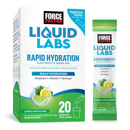 Force Factor Liquid Labs Elektrolyt-Pulver Beutel – Zitrone-Limette – Hydrationsbeutel für Elektrolytwasser mit 5 essentiellen Elektrolyten, Vitaminen, Mineralien und Antioxidantien, 20 Sticks