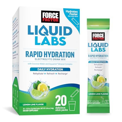 Force Factor Liquid Labs Elektrolyt-Pulver Beutel – Zitrone-Limette – Hydrationsbeutel für Elektrolytwasser mit 5 essentiellen Elektrolyten, Vitaminen, Mineralien und Antioxidantien, 20 Sticks