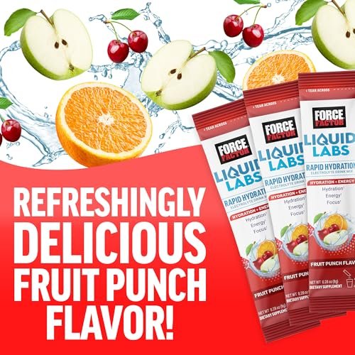 Force Factor Liquid Labs Energy Drink, Elektrolyt-Pulver, Hydrationsbeutel für Energie & Fokus, 5 essentielle Elektrolyte, Vitamine, Mineralien & Antioxidantien, Geschmack: Fruchtpunsch, 20 Stick-Packs