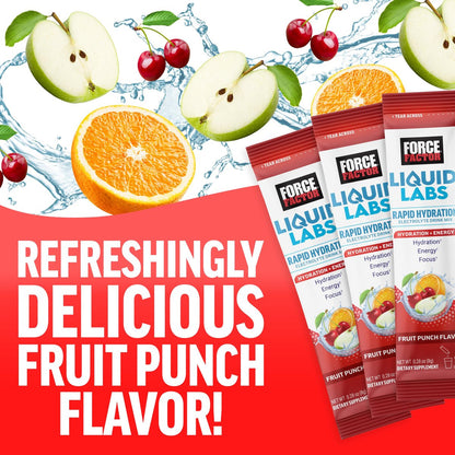 Force Factor Liquid Labs Energy Drink, Elektrolyt-Pulver, Hydrationsbeutel für Energie & Fokus, 5 essentielle Elektrolyte, Vitamine, Mineralien & Antioxidantien, Geschmack: Fruchtpunsch, 20 Stick-Packs