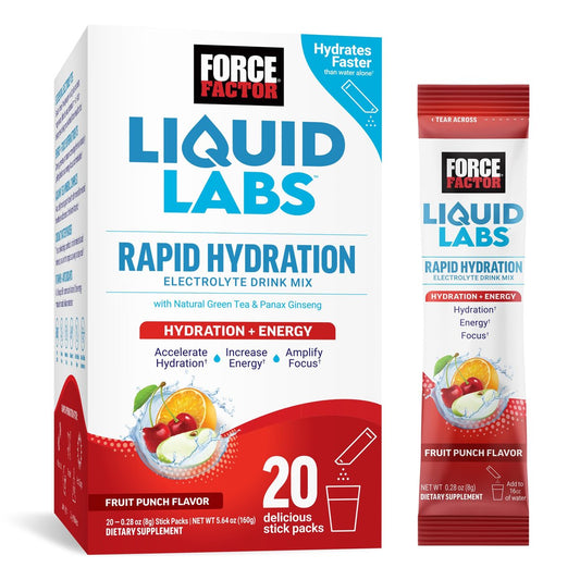 Force Factor Liquid Labs Energy Drink, Elektrolyt-Pulver, Hydrationsbeutel für Energie & Fokus, 5 essentielle Elektrolyte, Vitamine, Mineralien & Antioxidantien, Geschmack: Fruchtpunsch, 20 Stick-Packs