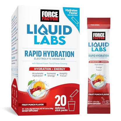 Force Factor Liquid Labs Energy Drink, Elektrolyt-Pulver, Hydrationsbeutel für Energie & Fokus, 5 essentielle Elektrolyte, Vitamine, Mineralien & Antioxidantien, Geschmack: Fruchtpunsch, 20 Stick-Packs