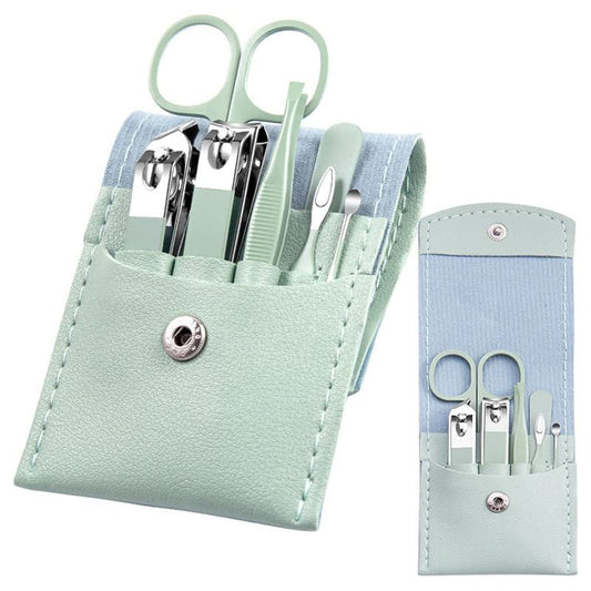 7-teiliges Maniküre-Set – Professionelle Nagelpflege in grüner Ledertasche, Edelstahl-Nagelpflegewerkzeuge für Frauen