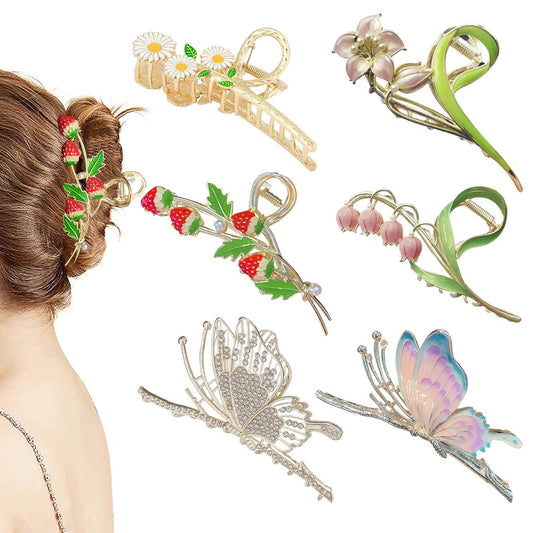 6 Stück Haarspangen für Frauen, Große Starke Metall-Butterfly-Haarspangen, Blumen-Haarspangen für Dickes Haar