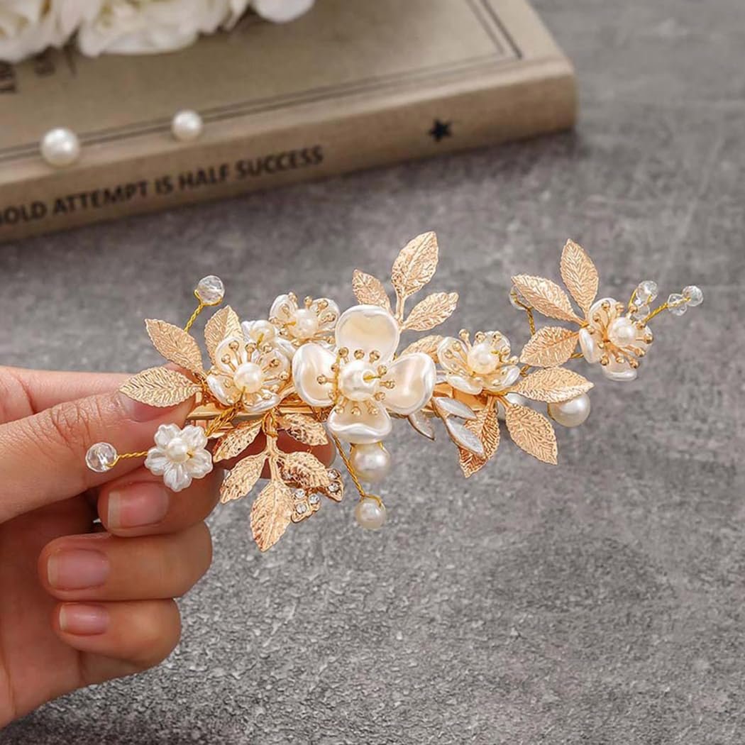 JAKAWIN Gold Haarklammer Braut Haarschmuck Blumen Haarspange für Frauen FJ03 (Gold)