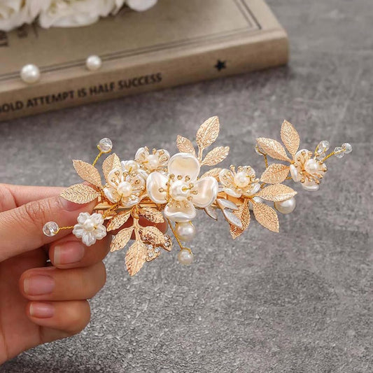 JAKAWIN Gold Haarklammer Braut Haarschmuck Blumen Haarspange für Frauen FJ03 (Gold)