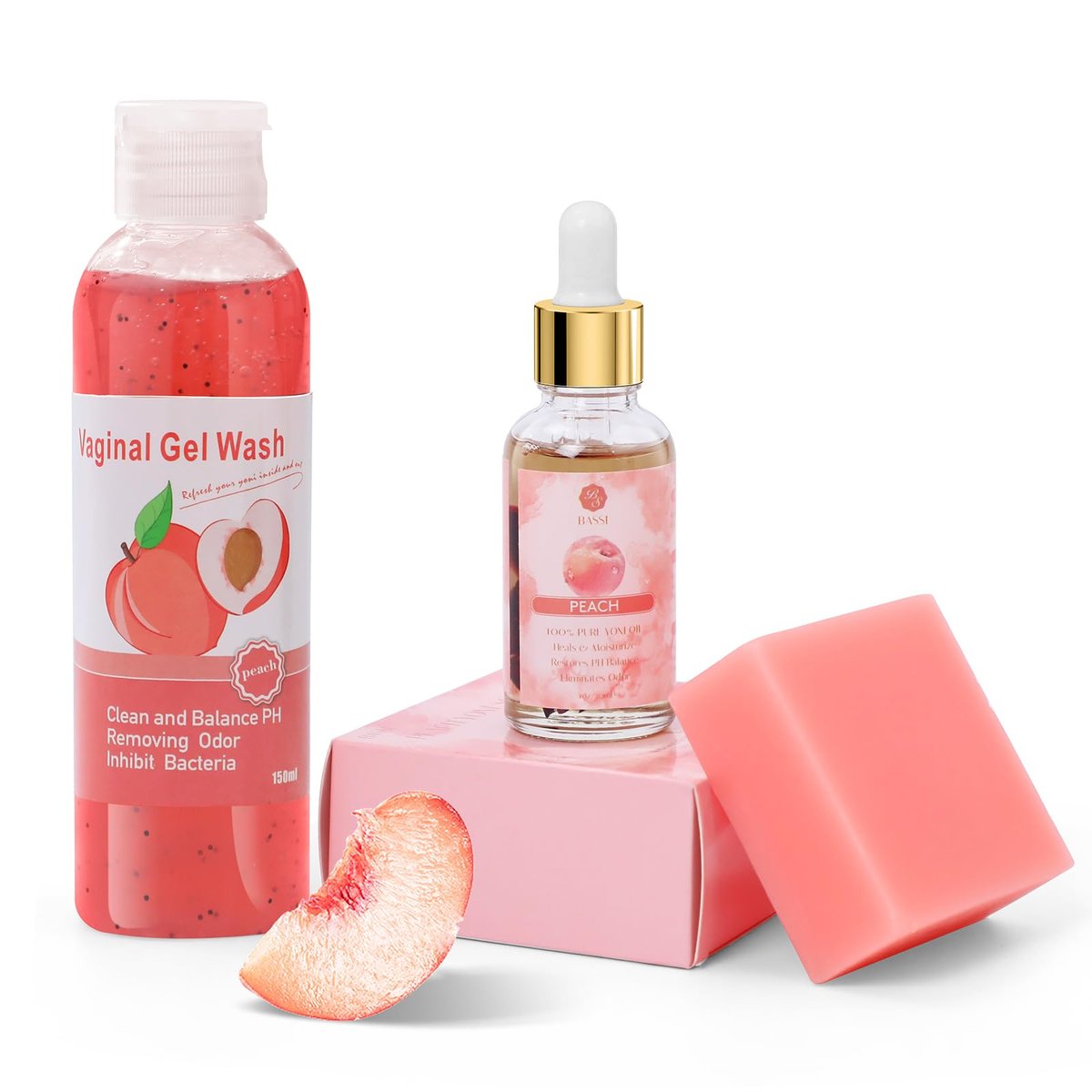 Feminine Wash & Yoni Oil & Yoni Seife Set für Frauen – Yoni Wash für vaginales pH-Gleichgewicht, Geruchsentfernung, Yoni Oil zur Feuchtigkeitspflege – 1 Fl.Oz Feminine Oil & 5,07 Fl.Oz Vaginalgel & 3,53 Oz Yoni Seife Pfirsich