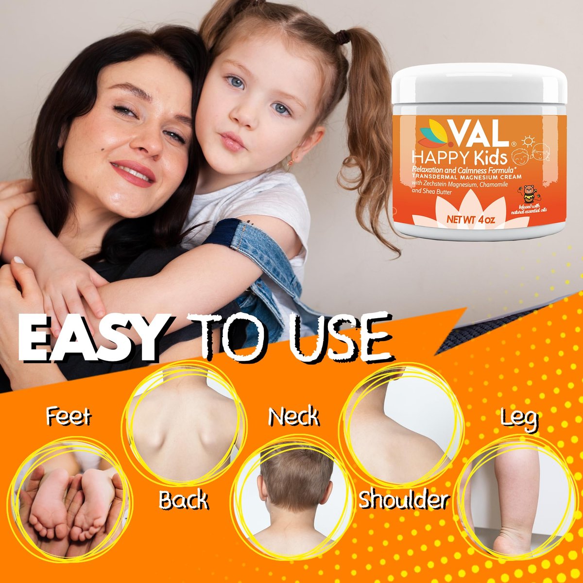 VAL Magnesium Creme für Kinder | Entspannung für Tag & Nacht | Sanftes Zechstein Magnesiumchlorid | mit Kamille, Sheabutter & ätherischen Ölen | Hergestellt in den USA | 118 ml