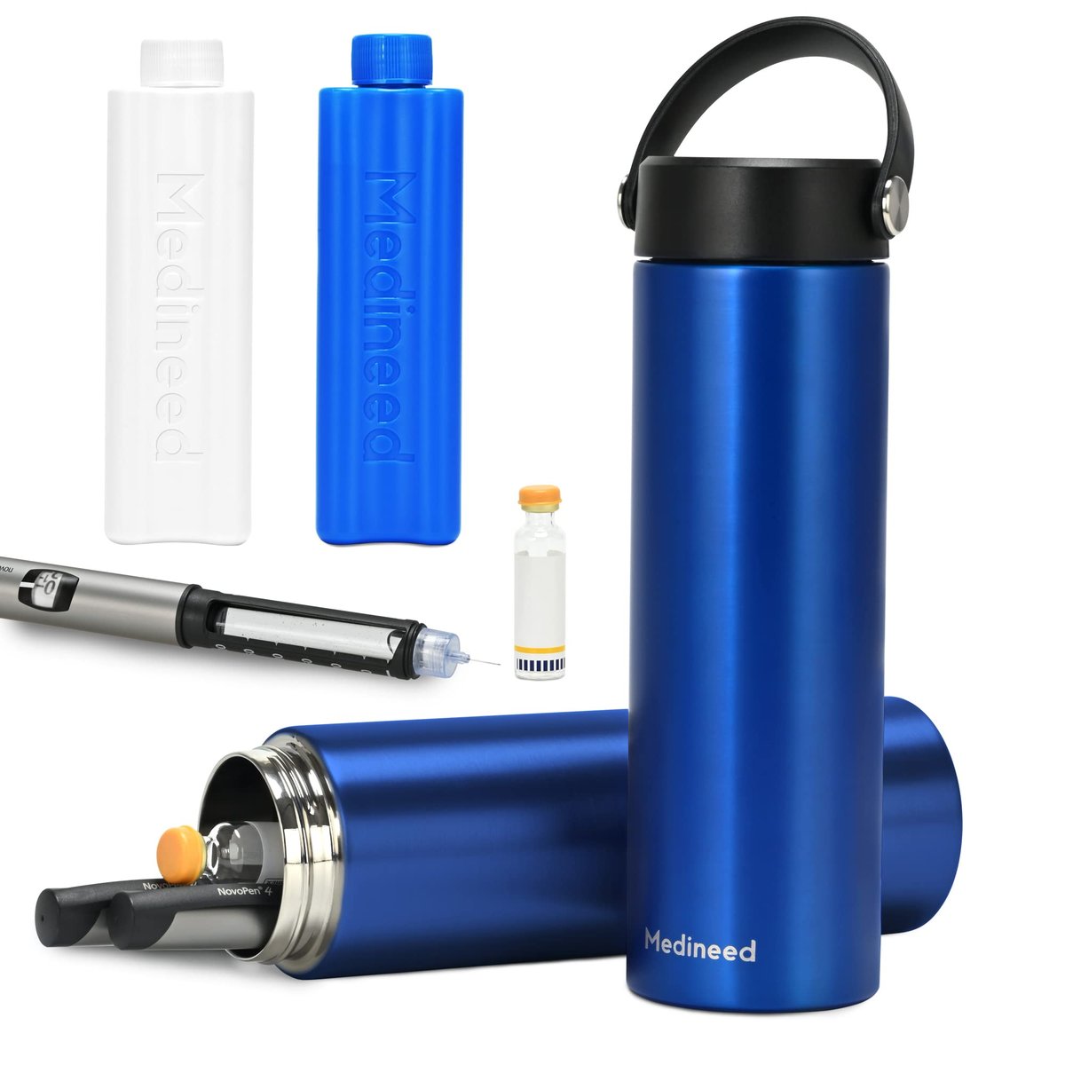 Medineed Insulin Kühltasche Reiseetui TSA-geprüft, tragbare Medikamentenkühltasche mit Kühlakkus, gekühlte Diabetes-Reiseorganizer für 1-4 Pens und Diabeteszubehör (Blau)