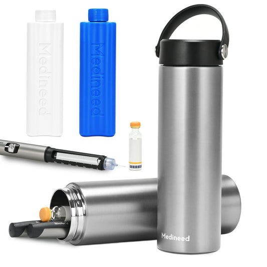 Medineed Insulin Kühlreiseetui TSA-zugelassen, tragbare Medikamentenkühlbox mit Kühlakkus, gekühlter Diabetes-Reiseorganizer für 1-4 Pens und Diabetikerzubehör (Silber)
