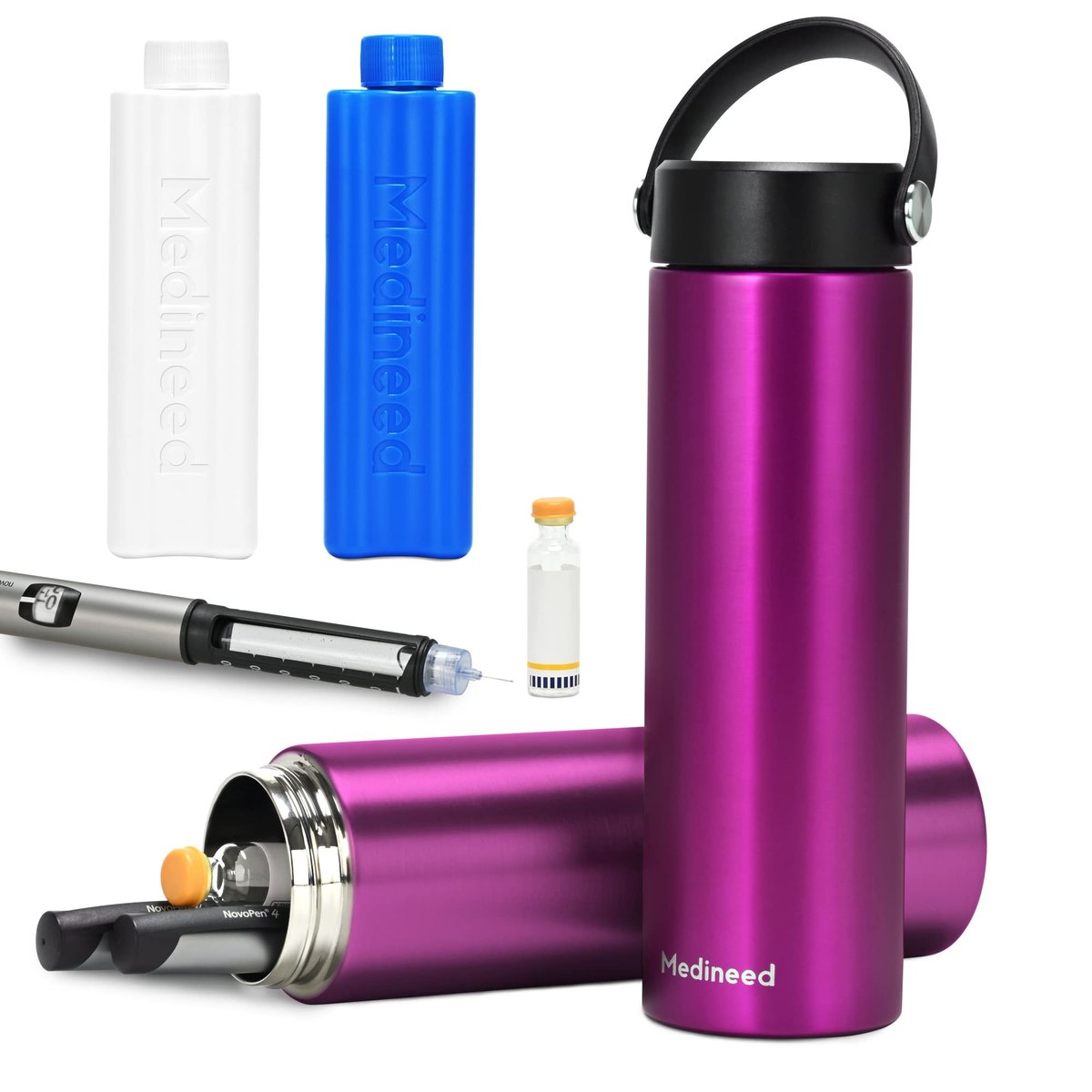 Medineed Insulin Kühltasche für Reisen TSA-geprüft, tragbare Medikamentenkühlbox mit Kühlakkus, Diabetes-Reiseorganizer für 1-4 Pens und Zubehör (Lila)