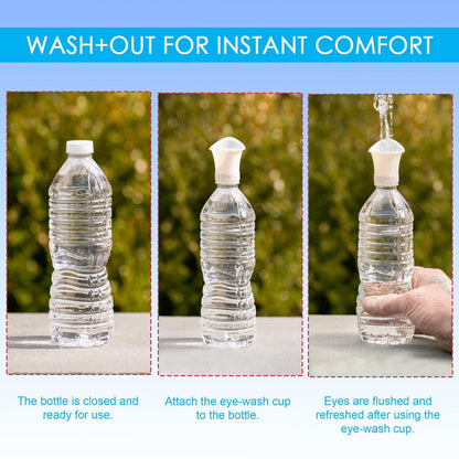 WASH+OUT Augen-Spülbecher – Tragbare Notfall-Augendusche – Schraubt auf die meisten Wasserflaschen – Spült Augen in Sekunden – 3er-Pack