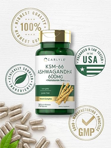 Carlyle KSM-66 Ashwagandha Kapseln 600 mg mit Melatonin 5 mg | 70 Stück | Starkes Komplex | Non-GMO, Glutenfrei