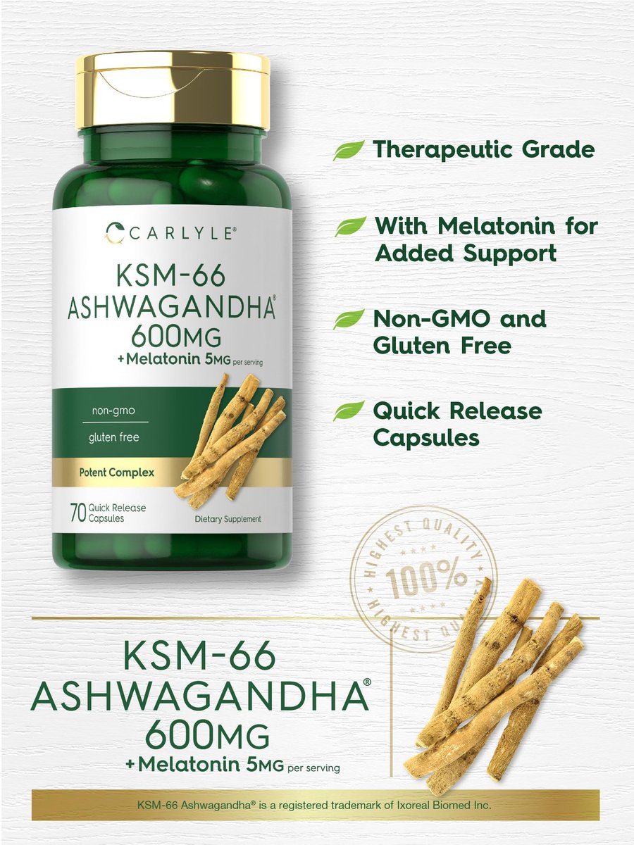 Carlyle KSM-66 Ashwagandha Kapseln 600 mg mit Melatonin 5 mg | 70 Stück | Starkes Komplex | Non-GMO, Glutenfrei