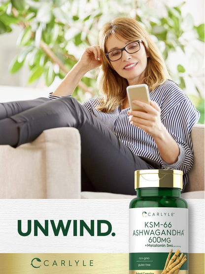 Carlyle KSM-66 Ashwagandha Kapseln 600 mg mit Melatonin 5 mg | 70 Stück | Starkes Komplex | Non-GMO, Glutenfrei