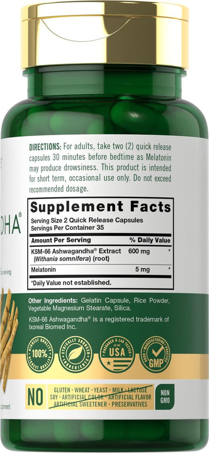Carlyle KSM-66 Ashwagandha Kapseln 600 mg mit Melatonin 5 mg | 70 Stück | Starkes Komplex | Non-GMO, Glutenfrei