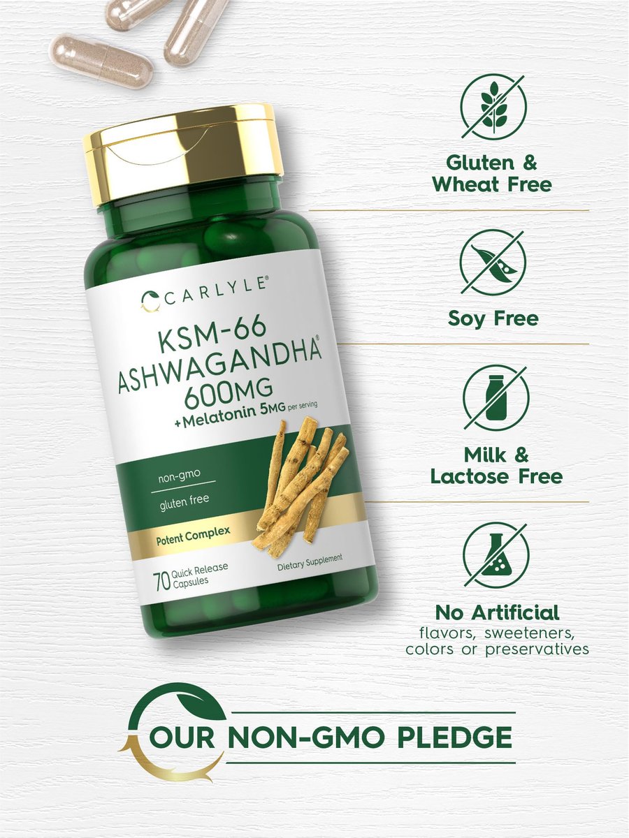 Carlyle KSM-66 Ashwagandha Kapseln 600 mg mit Melatonin 5 mg | 70 Stück | Starkes Komplex | Non-GMO, Glutenfrei