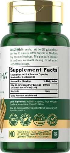 Carlyle KSM-66 Ashwagandha Kapseln 600 mg mit Melatonin 5 mg | 70 Stück | Starkes Komplex | Non-GMO, Glutenfrei