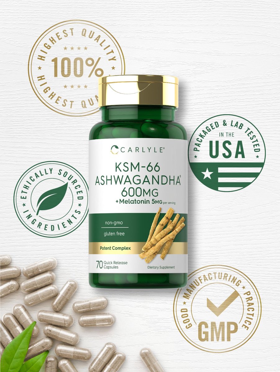 Carlyle KSM-66 Ashwagandha Kapseln 600 mg mit Melatonin 5 mg | 70 Stück | Starkes Komplex | Non-GMO, Glutenfrei