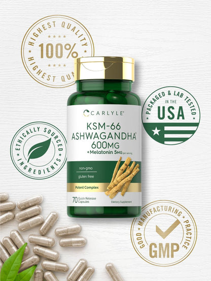 Carlyle KSM-66 Ashwagandha Kapseln 600 mg mit Melatonin 5 mg | 70 Stück | Starkes Komplex | Non-GMO, Glutenfrei