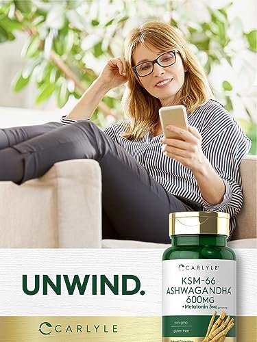 Carlyle KSM-66 Ashwagandha Kapseln 600 mg mit Melatonin 5 mg | 70 Stück | Starkes Komplex | Non-GMO, Glutenfrei