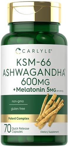 Carlyle KSM-66 Ashwagandha Kapseln 600 mg mit Melatonin 5 mg | 70 Stück | Starkes Komplex | Non-GMO, Glutenfrei