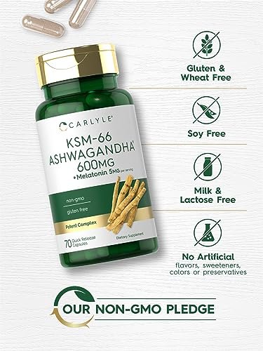 Carlyle KSM-66 Ashwagandha Kapseln 600 mg mit Melatonin 5 mg | 70 Stück | Starkes Komplex | Non-GMO, Glutenfrei