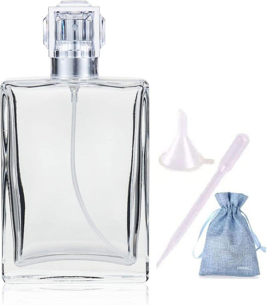 JJKMALL 100ml 3,4oz Klare Glas Sprühflasche für ätherische Öle, Parfüm, leere Zerstäuberflasche mit Trichter, 3ml Pipette und Aufbewahrungstasche (1 Pack)