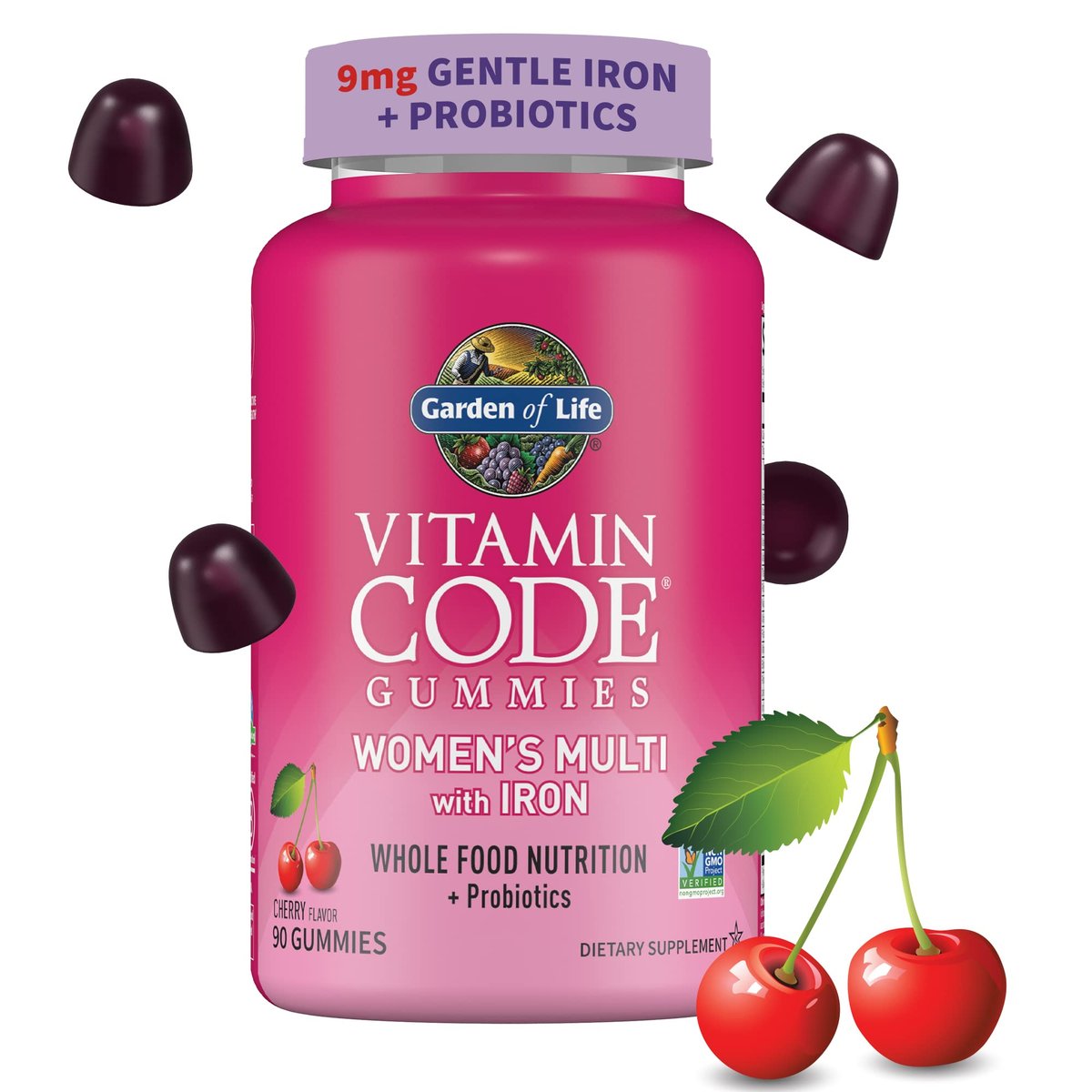Garden of Life Vitamin Code Women’s Multivitamin Gummies mit Eisen – Folsäure, Biotin, D3 & B12 für Haare, Haut & Nägel + Probiotika für Immunsystem & Verdauung, Non-GMO, glutenfrei, 90 Kirschgummis