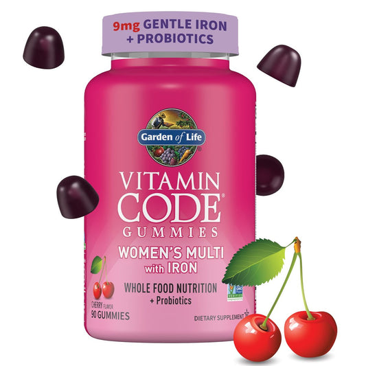 Garden of Life Vitamin Code Women’s Multivitamin Gummies mit Eisen – Folsäure, Biotin, D3 & B12 für Haare, Haut & Nägel + Probiotika für Immunsystem & Verdauung, Non-GMO, glutenfrei, 90 Kirschgummis