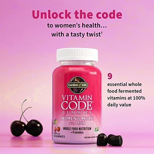 Garden of Life Vitamin Code Women’s Multivitamin Gummies mit Eisen – Folsäure, Biotin, D3 & B12 für Haare, Haut & Nägel + Probiotika für Immunsystem & Verdauung, Non-GMO, glutenfrei, 90 Kirschgummis