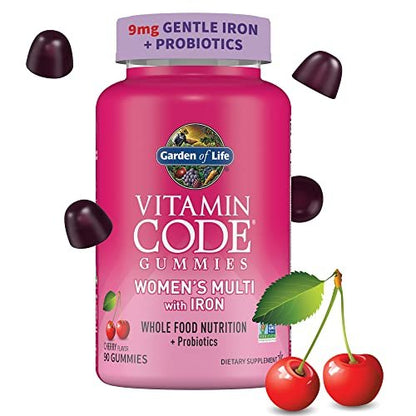 Garden of Life Vitamin Code Women’s Multivitamin Gummies mit Eisen – Folsäure, Biotin, D3 & B12 für Haare, Haut & Nägel + Probiotika für Immunsystem & Verdauung, Non-GMO, glutenfrei, 90 Kirschgummis