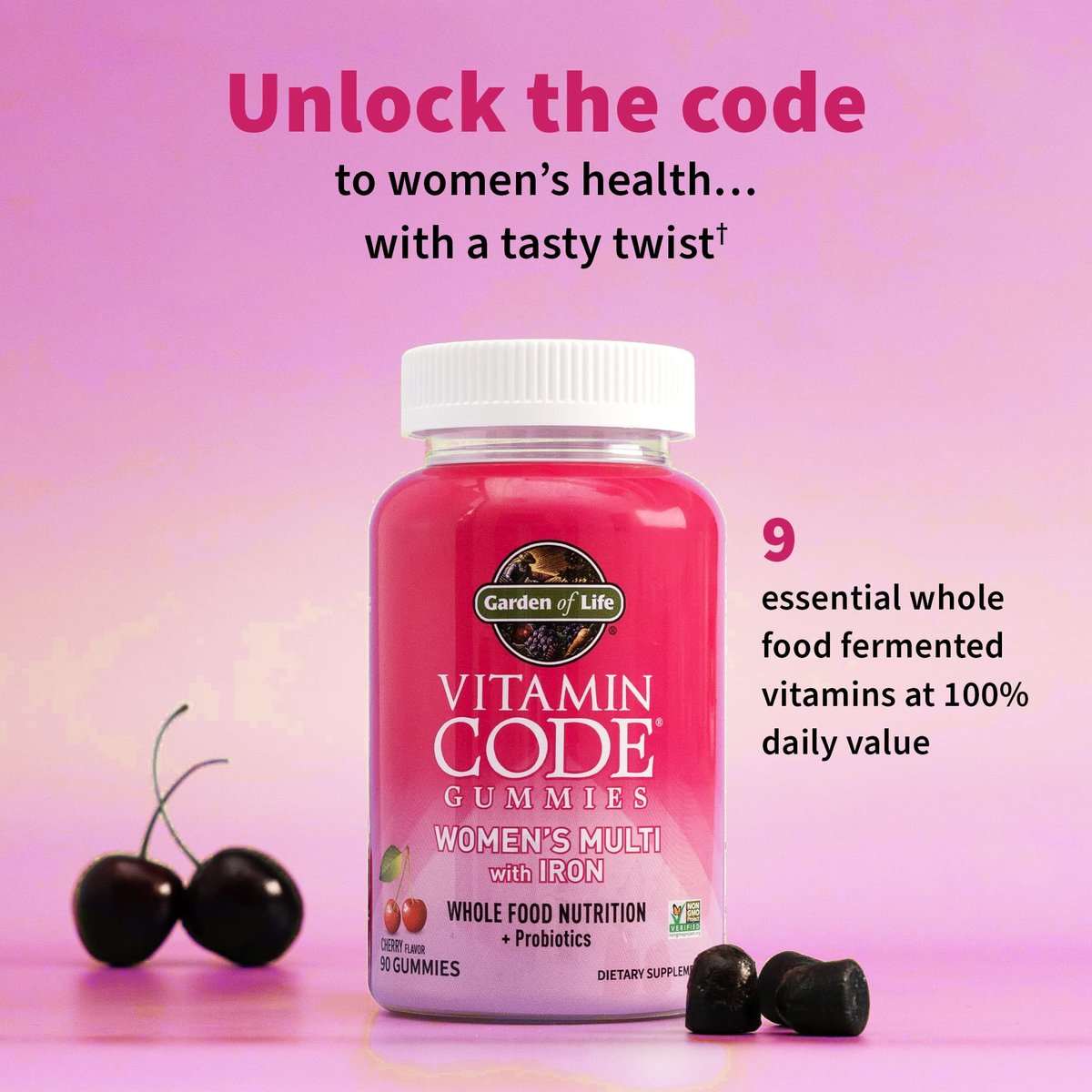 Garden of Life Vitamin Code Women’s Multivitamin Gummies mit Eisen – Folsäure, Biotin, D3 & B12 für Haare, Haut & Nägel + Probiotika für Immunsystem & Verdauung, Non-GMO, glutenfrei, 90 Kirschgummis
