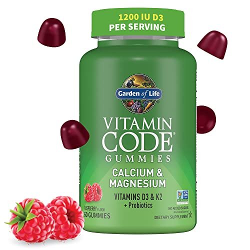 Garden of Life Vitamin Code Calcium Magnesium Gummis mit D3 & K2 – Unterstützt Knochengesundheit & Knochenstärke + Präbiotika & Probiotika für die Verdauung, Nicht-GVO, Glutenfrei, 60 Himbeer-Gummis