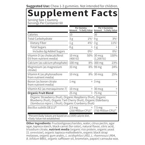 Garden of Life Vitamin Code Calcium Magnesium Gummis mit D3 & K2 – Unterstützt Knochengesundheit & Knochenstärke + Präbiotika & Probiotika für die Verdauung, Nicht-GVO, Glutenfrei, 60 Himbeer-Gummis