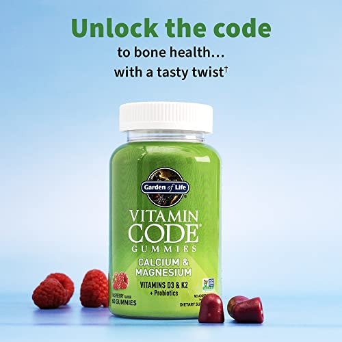 Garden of Life Vitamin Code Calcium Magnesium Gummis mit D3 & K2 – Unterstützt Knochengesundheit & Knochenstärke + Präbiotika & Probiotika für die Verdauung, Nicht-GVO, Glutenfrei, 60 Himbeer-Gummis