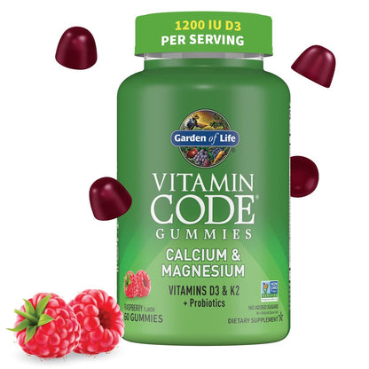 Garden of Life Vitamin Code Calcium Magnesium Gummis mit D3 & K2 – Unterstützt Knochengesundheit & Knochenstärke + Präbiotika & Probiotika für die Verdauung, Nicht-GVO, Glutenfrei, 60 Himbeer-Gummis