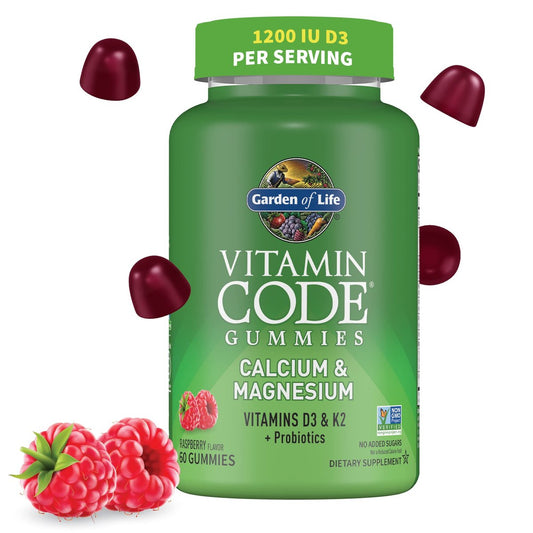 Garden of Life Vitamin Code Calcium Magnesium Gummis mit D3 & K2 – Unterstützt Knochengesundheit & Knochenstärke + Präbiotika & Probiotika für die Verdauung, Nicht-GVO, Glutenfrei, 60 Himbeer-Gummis