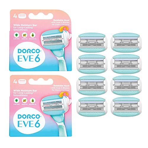 DORCO eve Damenrasierer – 6 Rasierer für extra glatte Haut, 8 Klingen Nachfüllpackungen, doppelte 3-fach gebogene Klingen mit flexiblem Rasierkopf