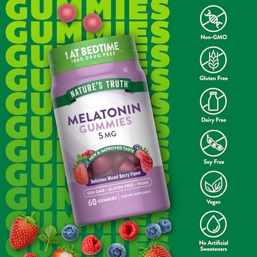 Nature's Truth Melatonin Gummis 5mg | 60 Stück | Mischbeere Geschmack | Vegan, Nicht-GVO & Glutenfrei
