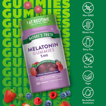Nature's Truth Melatonin Gummis 5mg | 60 Stück | Mischbeere Geschmack | Vegan, Nicht-GVO & Glutenfrei